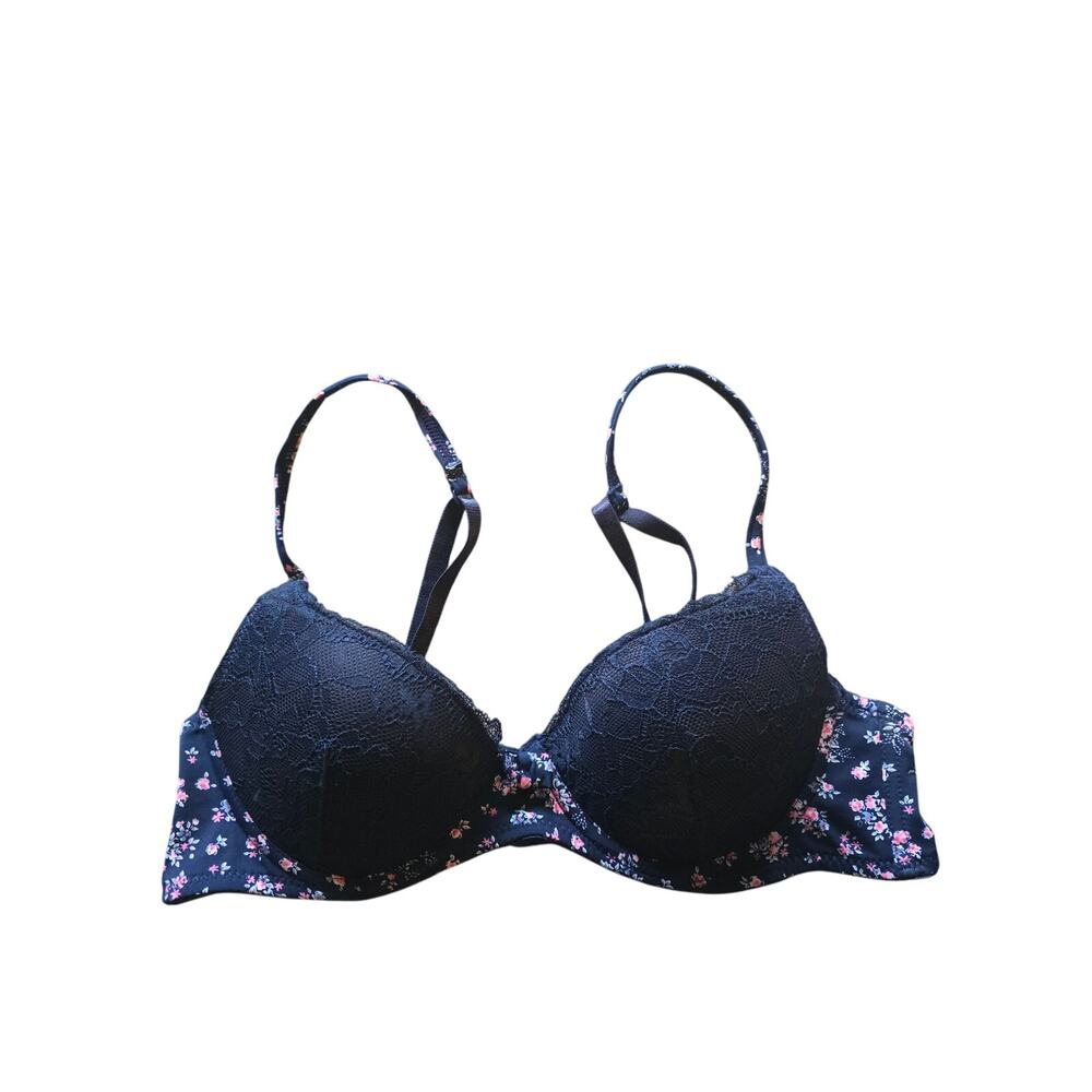 Laura Ashley Bra 34B‎ Womens Padded Push Up Underwired Blue Floral Adjustable